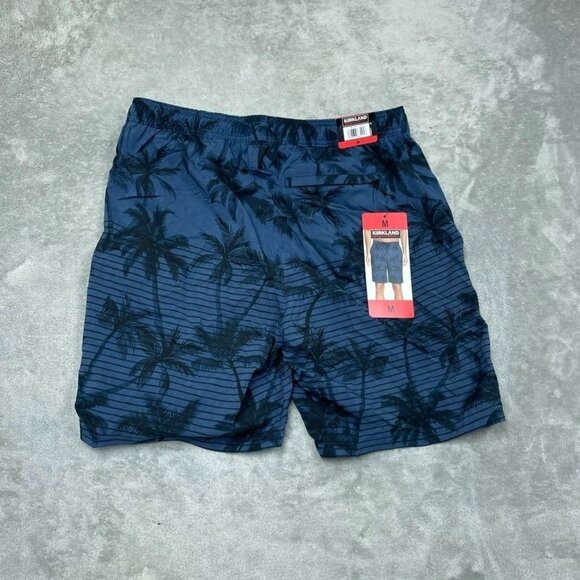 Kirkland Signature Mens Swim Shorts Medium Palm Print Blue Black a0208 - Picture 7 of 8